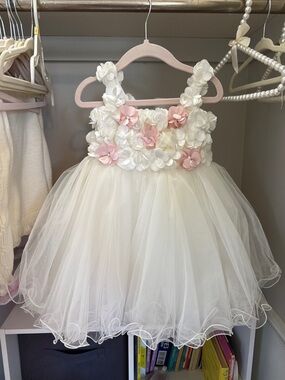 Girls White & Pink Floral Tulle Party Dress